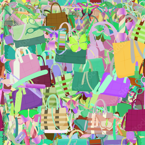 Background pattern abstract seamless design texture. Theme is about accessories, Laptop Backpack, design, wing, leather, pomade, nail polish, everyday, girl, colorful, salon, glamour, purse