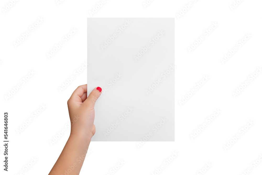 Isolated girl's hand hold a blank paper in a vertical position. Copy presentation mockup Isolated girl's hand hold a blank paper in a vertical position. Copy presentation mockup