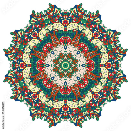 Mandala. Tracery wheel image. Mehndi design. Ethnic doodle art. Curved doodling picture. Vector