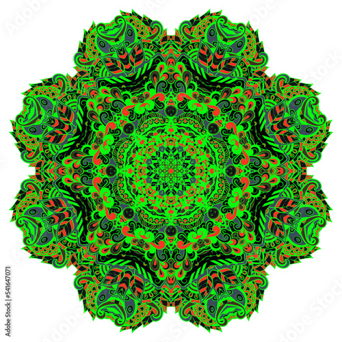 Mandala. Tracery wheel image. Mehndi design. Dark toxic colors. Ethnic doodle art. Curved doodling picture. Vector