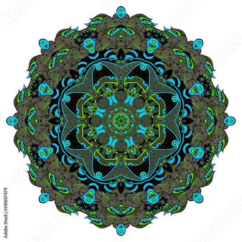 Mandala. Tracery wheel image. Mehndi design. Dark toxic colors. Ethnic doodle art. Curved doodling picture. Vector