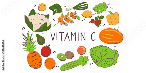 Vitamin C ascorbic acid. Groups of healthy products containing vitamins. Set of fruits, vegetables, meats, fish and dairy