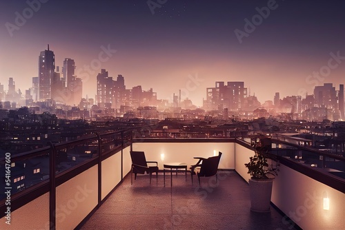 Terrace on the roof of the house with furniture, view of the night city with sky Fototapet