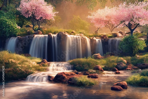 Mountain green valley with a waterfall and stormy water that falls from a height and trees, stones under a blue sky 3d illustration