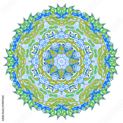 Mandala. Tracery wheel image. Mehndi design. Ethnic doodle art. Curved doodling picture. Vector