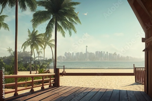 Wooden terrace of a house on a sea beach with palm trees and a city on the horiz Fototapet