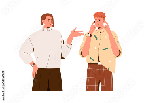 Man ignoring woman, avoiding listening to disturbing girl. Person closing, plugging ears with fingers. Expression of ignorance in couple. Flat graphic vector illustration isolated on white background
