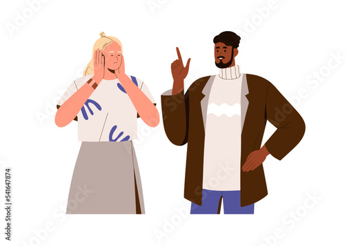 Woman closing ears with palms, deaf to unpleasant man. Person avoiding listening. Couple misunderstanding, bad communication, ignorance. Flat graphic vector illustration isolated on white background