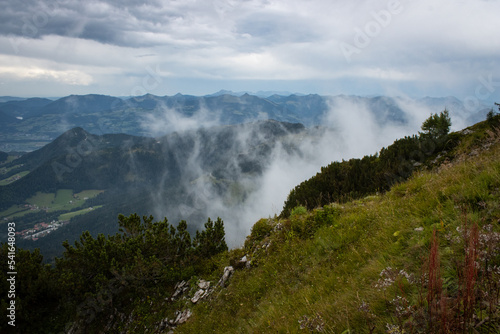 Viewing point at The Eagle's Nest in Germany. View of the German mountains with fog.