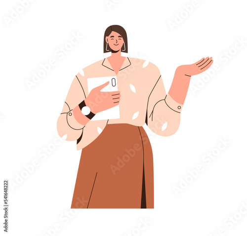 Happy woman, business expert showing, presenting smth with hand gesture. Businesswoman speaker, advisor standing with tablet. Female presenter. Flat vector illustration isolated on white background