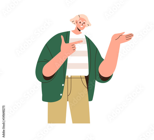 Happy person showing, presenting smth with hand gesture to side. Smiling man presenter pointing, advertising idea. Excited guy speaker explaining. Flat vector illustration isolated on white background