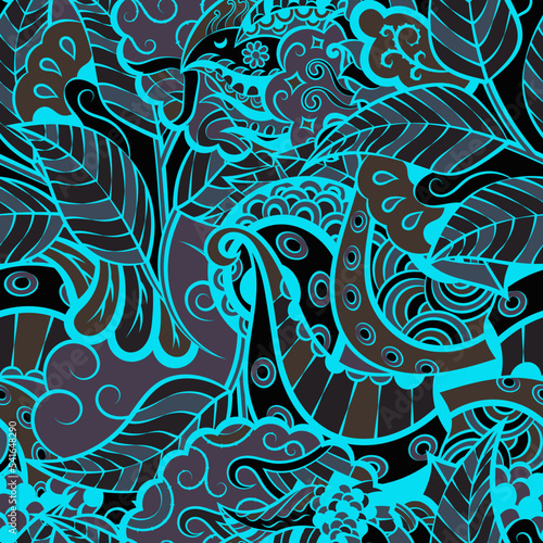 Tracery seamless pattern. Mehndi design. Dark sharp colors. 6 colors. Ethnic doodle texture. Curved doodling background. Vector