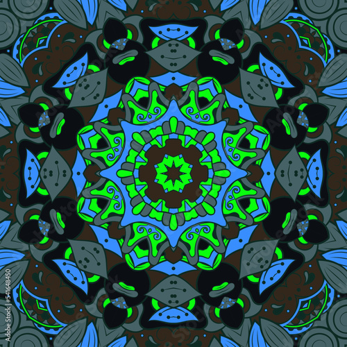 Seamless tile texture. Tracery mehndi design image. Dark toxic colors. Ethnic doodle art. Curved doodling picture. Vector