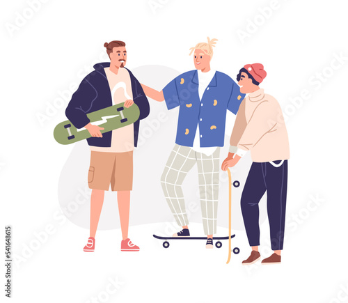 Men friends with skateboards. Modern guys buddies skateboarders with skate boards at leisure. Friendship and urban sport activity. Flat graphic vector illustration isolated on white background