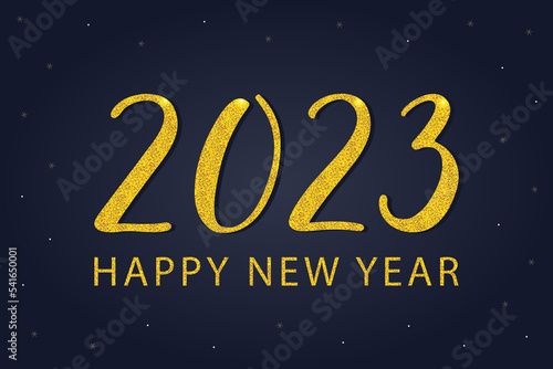 Happy New Year Post Card. 2023 golden handwritten calligraphic numbers. Dark blue background. For greeting card, postcard, invitation, web, banner, print, poster.