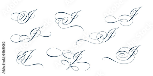 Set of beautiful calligraphic flourishes on capital letter I isolated on white background for decorating text and calligraphy on postcards or greetings cards. Vector illustration.