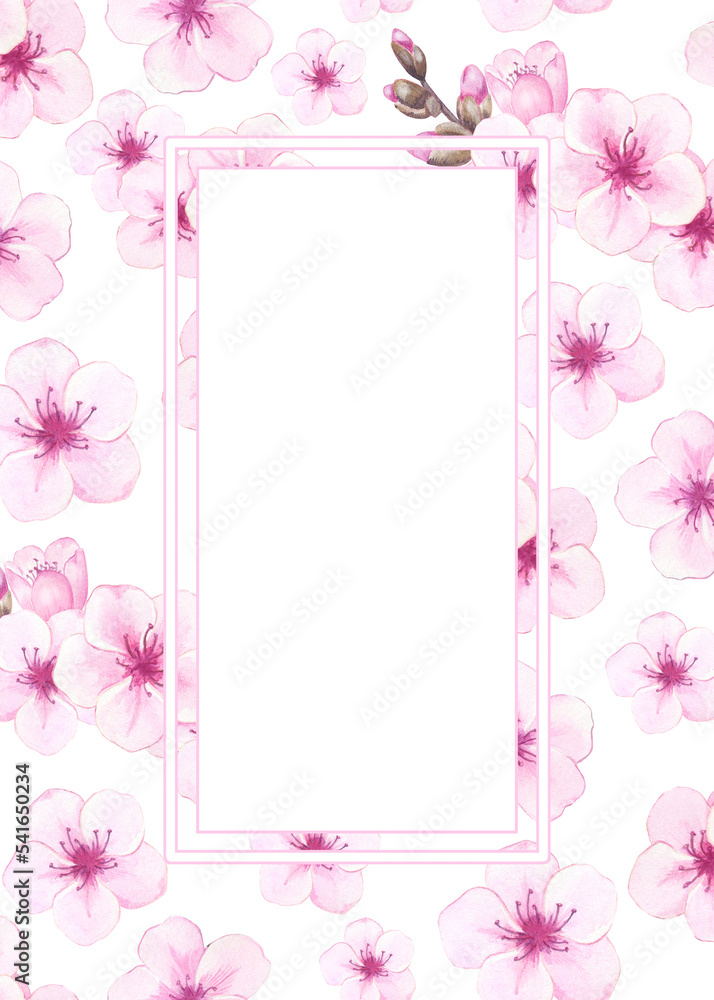 Template of invitation with watercolor sakura blooms. Hand drawn pink flowers in frame. Cherry or apple blossom illustration. Spring fresh design.
