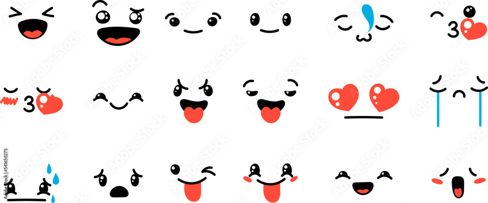 Various Cartoon Emoticons Set. Doodle faces, eyes and mouth. Caricature comic expressive emotions, smiling, crying and surprised character face expressions Various Cartoon Emoticons Set. Doodle faces, eyes and mouth. Caricature comic expressive emotions, smiling, crying and surprised character face expressions