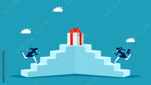 Competition and motivation to work. businesswoman runs up the stairs to win a gift box vector