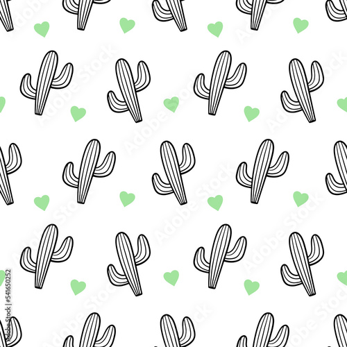 Doodle, hand drawn cactus, cacti, succulents and green hearts vector seamless pattern background. © cosmic_pony