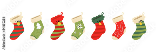 Set, collection of cute decorated christmas socks, christmas stocking, sock-shaped bags for winter holidays design.
