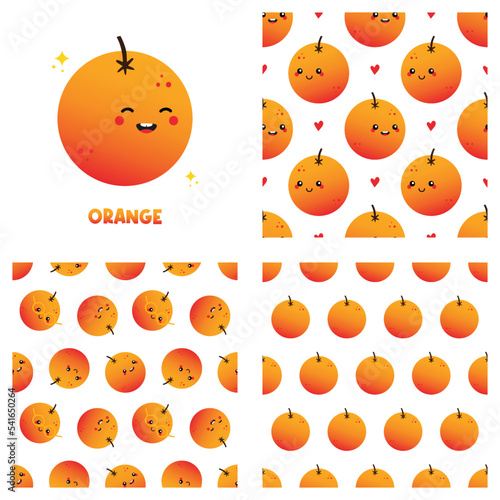 Cute cartoon style orange character and set, collection of three orange fruits vector seamless pattern backgrounds. 
