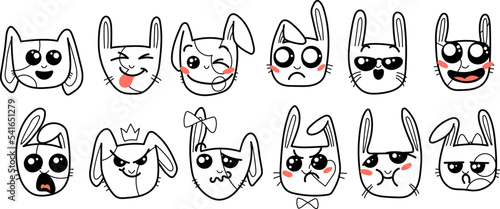 Cute Kawai rabbits. Different expression muzzles bunnies in doodle style. Angry, cheerful, joyful, happy, sick, love, suspicious, playful, laughing kawaii hare