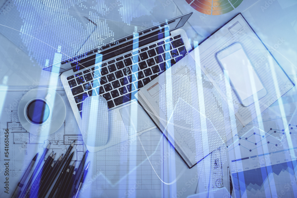 Multi exposure of forex chart drawing over table background with computer. Concept of financial research and analysis. Top view. Multi exposure of forex chart drawing over table background with computer. Concept of financial research and analysis. Top view.