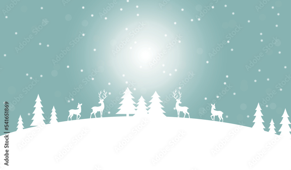 Christmas background wallpaper. Seasonal natural snowy background with fir trees and deers. Flat. Vector illustration