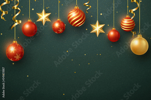 Merry Christmas composition 3D realistic golden ribbon decoration bauble ball and star ornaments