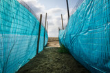 Due barriere di tela blu e fili metallici creano un corridoio di accesso al mare del Lido di Venezia