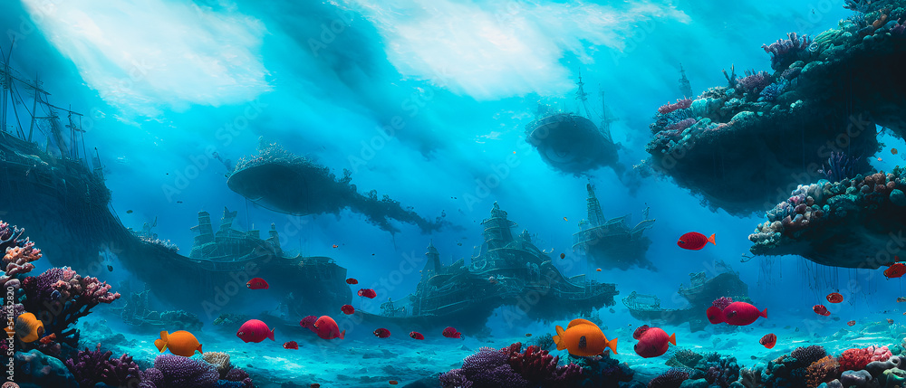 Artistic concept illustration of a underwater pirate ship, background illustration.
