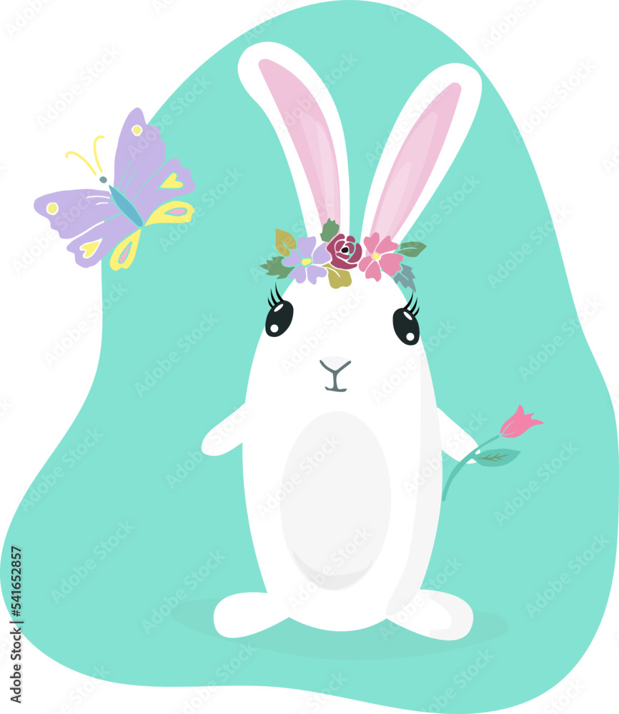 Obraz premium Cute bunny on green spot background. Print design rabbit. Children print on t-shirt. Vector