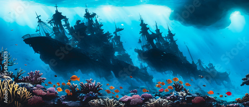 Artistic concept illustration of a underwater pirate ship, background illustration.