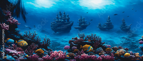 Fotografia Artistic concept illustration of a underwater pirate ship, background illustration