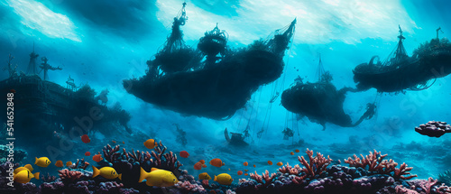 Foto Artistic concept illustration of a underwater pirate ship, background illustration