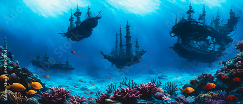 Foto Artistic concept illustration of a underwater pirate ship, background illustration