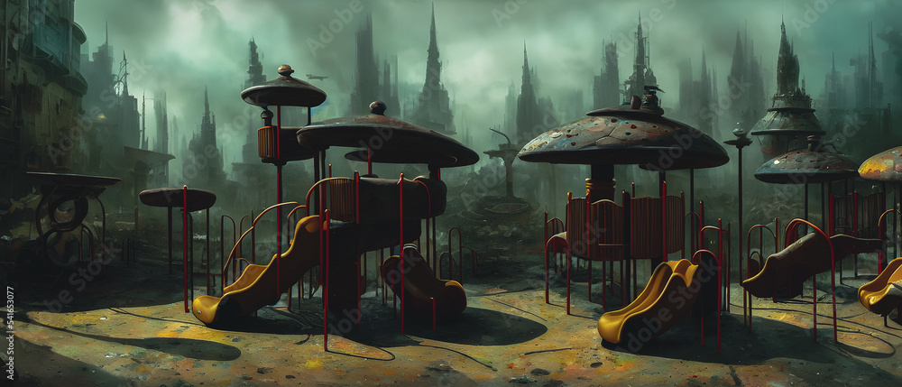 Artistic concept painting of a dystopian playground, background illustration.