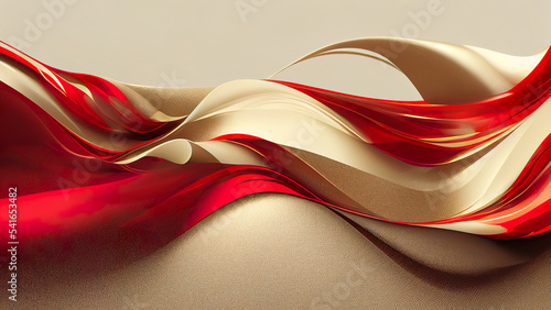 Abstract Christmas wallpaper. Flowing glossy creamy red, white and gold background. Texture imitating running painting with smooth details. 3D rendering for Xmas graphic design, banner, poster © sdecoret