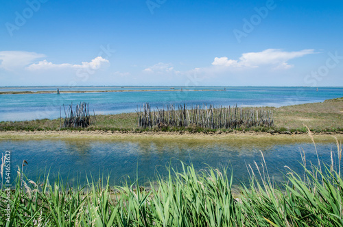 Caratteristico paesaggio della laguna nord di Venezia verso Lio Piccolo in una giornata primaverile di sole