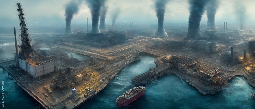 Artistic concept illustration of a destroyed nuclear power plant, background illustration.