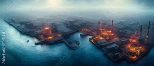 Artistic concept illustration of a destroyed nuclear power plant, background illustration.