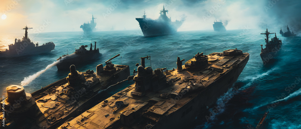 Artistic concept painting of warship on the sea, battlefield,background illustration.
