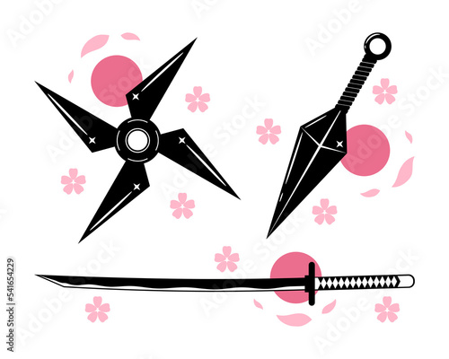 Ninja weapon kunai blade with shuriken star and katana sword samurai ronin pink petal sakura flowers circle sun japanese style flat vector icon design.