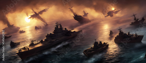 Fotografering Artistic concept painting of warship on the sea, battlefield,background illustration