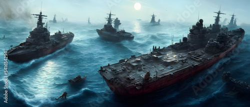 Photo Artistic concept painting of warship on the sea, battlefield,background illustration