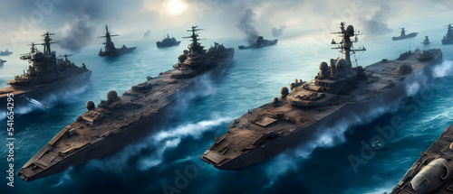 Foto Artistic concept painting of warship on the sea, battlefield,background illustration