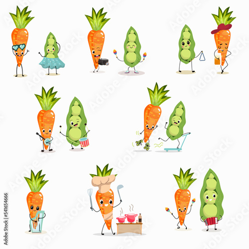 Vector illustration, a set of funny characters carrot and pea vegetables with musical instruments, on a scooter, in the form of a cook in the kitchen,
design for children's t-shirt, ingredient.