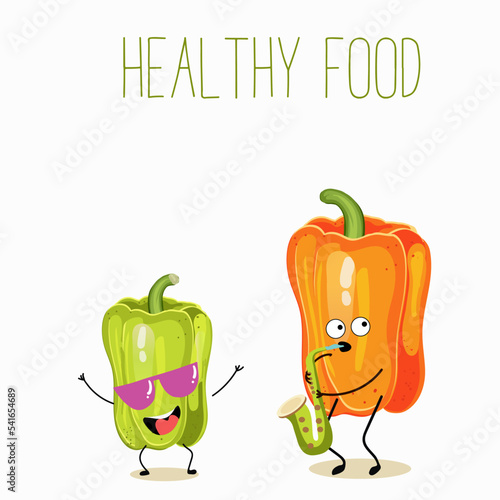 Vector illustration character cartoon of Bulgarian green pepper in the image of a cook with a ladle, stove and pans. Inscription healthy food.