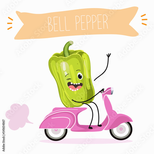 Vector illustration of funny bell pepper cartoon character on scooter, healthy food, ingredient, design for kids t-shirt.